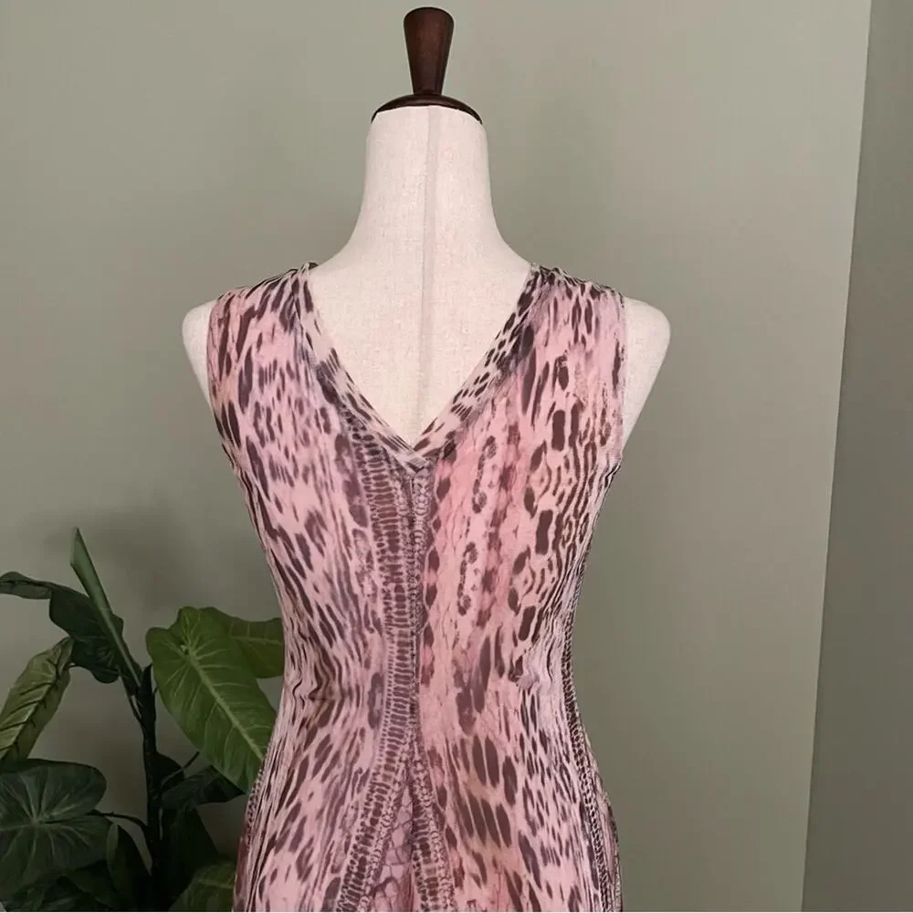 T Tahari Midi Dress Sheer Overlay Animal Print V-Neck Pink Brown XS - Picture 4 of 10